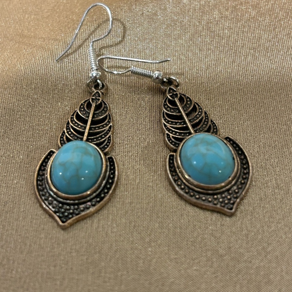 Elegant Turquoise and Gold Feather Earrings
